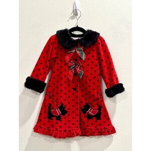 Blueberi Boulevard 2T Holiday Coat Red Polka Dot Faux Fur Plaid Scottie Dog
